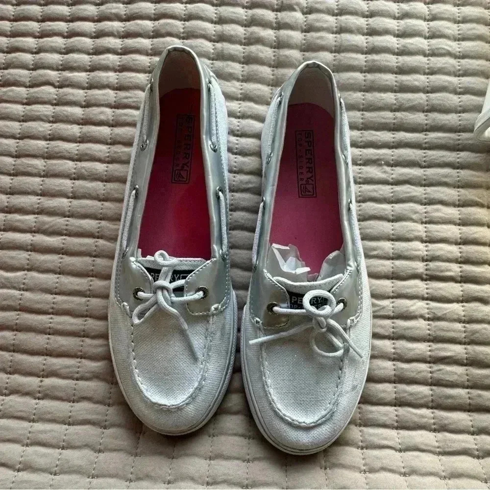 Sperry Top Biscayne Sider Bahama Women White Shimmer Boat Shoe SZ 5.5